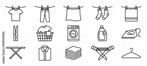 Comprehensive set of laundry-related line icons, including clothes on a line, a washing machine, and an iron, presented with clean, simple outlines