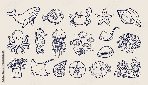 Under the sea creatures, marine life doodle, fish and ocean vector, coral reef line art, aquatic animal 