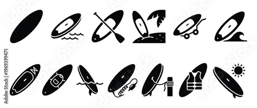 Collection of black silhouette paddleboard icons depicting various activities and accessories in a clean, graphic style