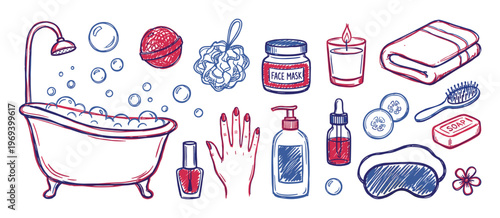 Various hand-drawn red and blue bath and beauty items are arranged neatly on a white surface, showcasing a variety of self-care essentials