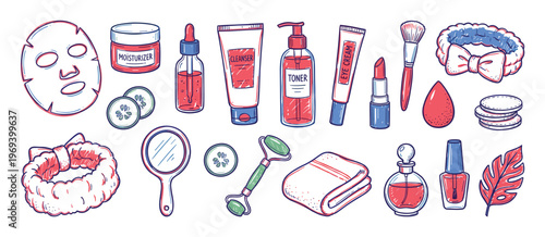 Collection of hand-drawn skincare and beauty products, including moisturizers, cleansers, toners, makeup, and accessories, presented in a vibrant doodle style