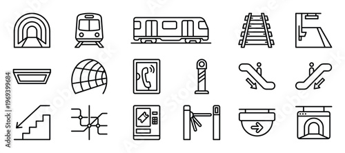Comprehensive set of black outline icons representing various elements of a subway or metro system, including trains, tunnels, and station features