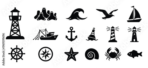 Collection of black silhouette nautical and marine icons, including lighthouses, boats, and sea creatures, presented on a clean white surface