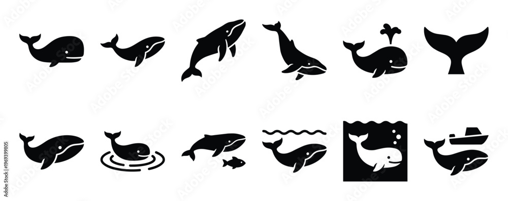 Fototapeta premium Collection of various black whale silhouette icons in different poses and contexts, presented as a graphic design element