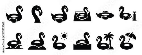 Collection of black silhouette flamingo pool float icons depicting various summer and vacation activities