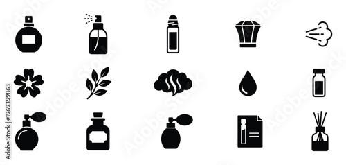 Collection of black silhouette icons representing various perfume, fragrance, and aromatherapy products and elements
