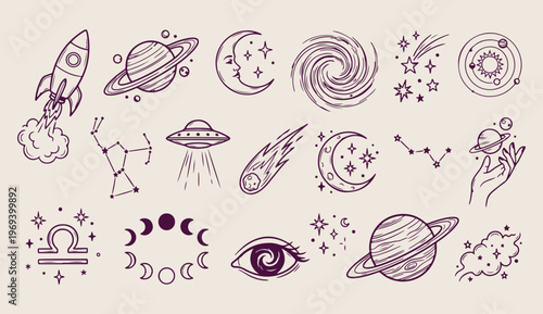 Outer space galaxy, planet and stars doodle, astronaut ufo vector, cosmic science line art, universe mystery pattern, astrology background, hand drawn space
