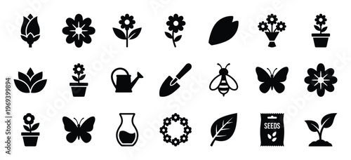 Collection of black silhouette gardening and nature icons, including flowers, plants, tools, and insects, presented in a clean, graphic style