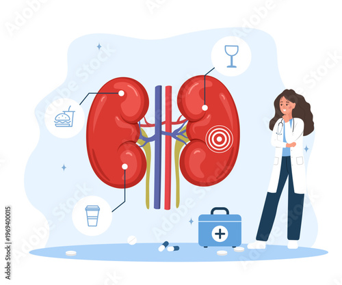 Unhealthy food and kidney stone pain. Renal disease concept for medical diagnosis. Illustration of internal organ. Bad diet and health care treatment. Flat cartoon character for nephrology or urology.