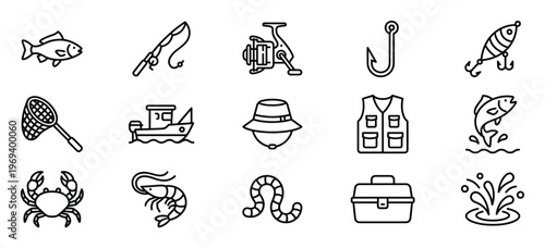 Collection of fifteen black outline fishing icons, including fish, rod, reel, hook, lure, net, boat, hat, vest, crab, shrimp, worm, tackle box, and water splash, presented in a clean,