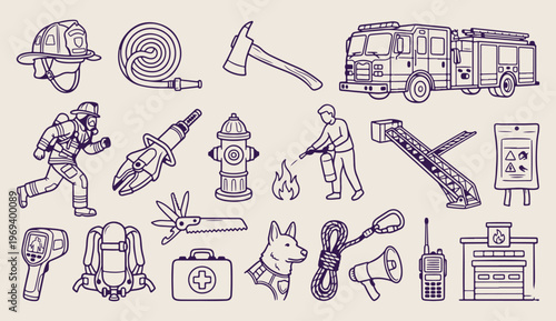 Firefighting and emergency service, fire truck doodle, firefighter tools vector, rescue equipment line art, safety service pattern, fire department 