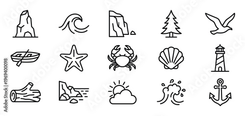 Collection of fifteen black outline icons representing various elements of nature and the sea, including rocks, waves, marine life, and nautical symbols