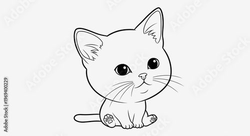 A cute black cartoon kitten illustration featuring a funny feline character with a smiling face and a long tail in a vector art design