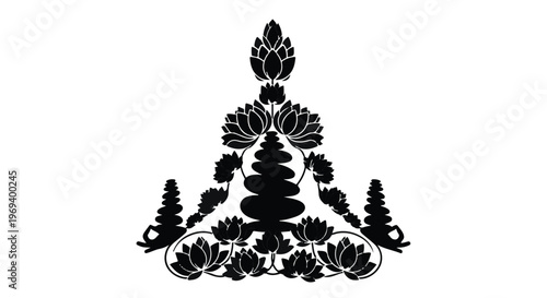 Serene silhouette of a meditating figure formed by lotus flowers and stacked stones