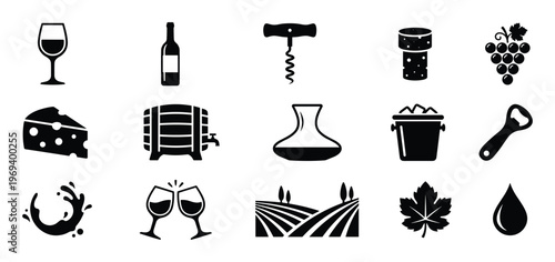 Collection of black silhouette icons depicting various wine-related items and elements, including glasses, bottles, corkscrews, grapes, and vineyards