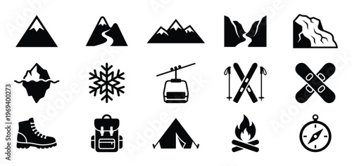 Collection of fifteen black silhouette icons representing various outdoor activities and winter sports elements, presented in a clean, graphic style