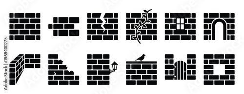 Collection of black silhouette brick wall icons featuring various designs like cracks, vines, windows, and archways