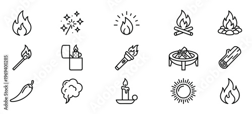 Collection of fifteen black outline icons representing various fire-related objects and concepts, including flames, matches, lighters, and campfires
