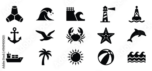 Collection of fifteen black silhouette marine and beach-themed icons, including a lighthouse, anchor, crab, and dolphin, arranged neatly