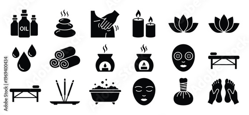 Collection of black silhouette spa and wellness icons, including massage oil, hot stones, candles, and lotus flowers, presented in a clean, graphic style