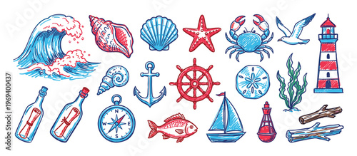 Collection of hand-drawn nautical and marine elements, including waves, shells, starfish, crab, lighthouse, and sailboat, in a vibrant sketch style
