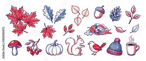 Collection of hand-drawn autumn elements including red maple leaves, blue oak leaves, acorns, pine cones, a squirrel, and a knitted hat