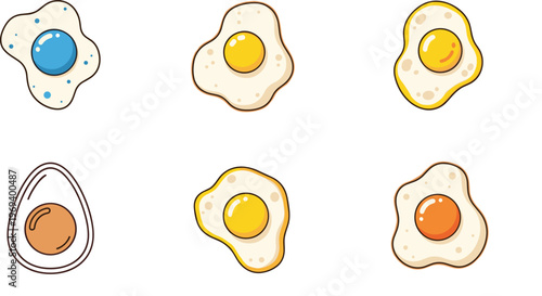 Set of 6 Fried Egg Illustrations with Different Yolk Colors for Food, Breakfast, and Cooking Designs