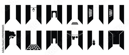Collection of black and white alleyway icons, featuring various elements like doors, windows, and plants, creating a minimalist graphic design