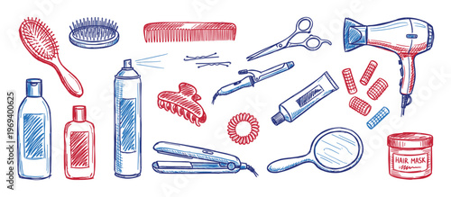 Various hand-drawn hair care tools and styling products are arranged in a dynamic, illustrative pattern