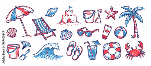 Various hand-drawn beach and summer vacation items in red and blue colors are arranged neatly, creating a cheerful and playful illustration