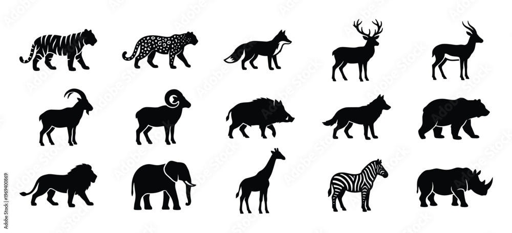 Obraz premium Collection of fifteen black animal silhouettes, including a tiger, leopard, fox, deer, antelope, goat, ram, boar, wolf, bear, lion, elephant, giraffe, zebra, and rhinoceros, presented in a