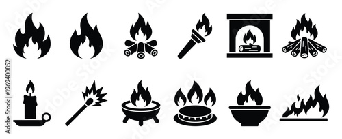 Various black silhouette fire icons are displayed in a grid, featuring flames, campfires, torches, and candles, on a clean white surface