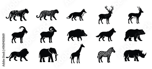 Collection of fifteen black animal silhouettes, including a tiger, leopard, fox, deer, antelope, goat, ram, boar, wolf, bear, lion, elephant, giraffe, zebra, and rhinoceros, presented in a