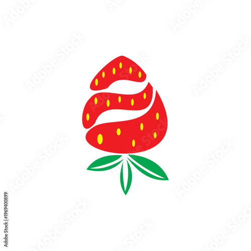 A modern minimalist logo in red, yellow, and leaf green, depicting a stylized strawberry.
