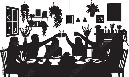 Family Dinner Gathering Silhouette Home Decor Graphic Vector Illustration