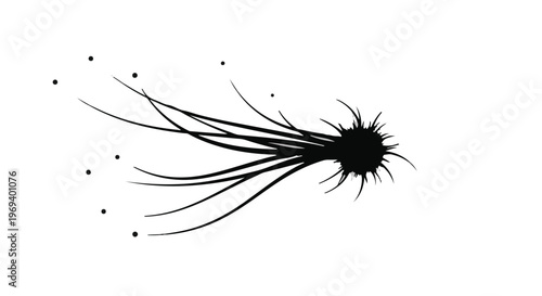 Abstract black ink splash with trailing dots on white background, dynamic movement