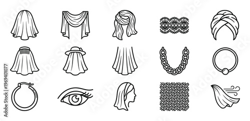 This collection of fashion-related line icons features various clothing items, accessories, and design elements in a clean, minimalist style