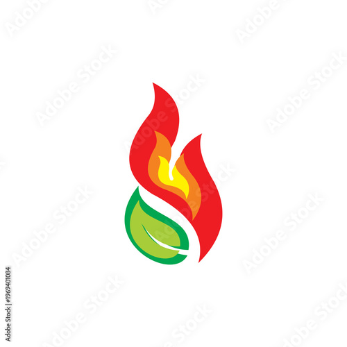 A dynamic minimalist logo in vibrant red, orange, yellow, and green, depicting a stylized flame integrated with an organic leaf.