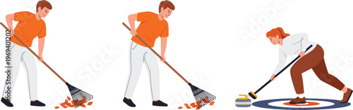 Set of 3 Illustrations of People Cleaning and Curling with Brooms for Outdoor, Sport, and Household Chores Designs