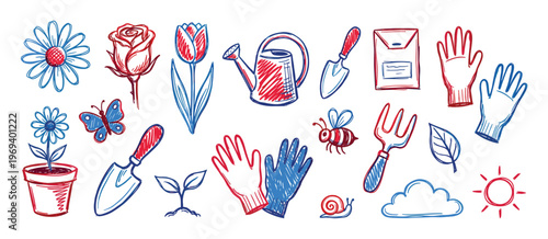 Vibrant collection of hand-drawn gardening tools, flowers, and nature elements in a playful red and blue sketch style