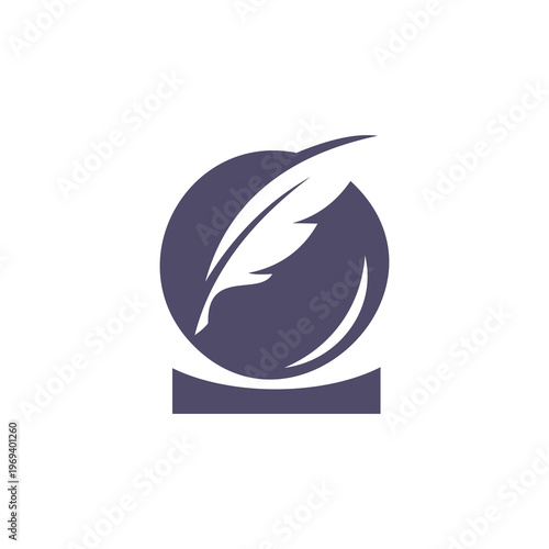 A sleek and professional minimalist logo in slate purple and white, depicting a quill pen set against a circular globe.