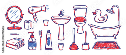 Various hand-drawn bathroom and hygiene items are arranged neatly, featuring red and blue outlines with a playful, sketchy style