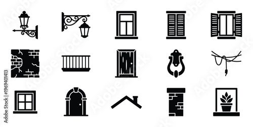 Collection of black silhouette icons depicting various architectural elements and building details, presented in a clean, graphic style