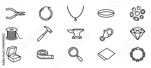 Collection of fifteen black outline icons representing jewelry making tools, finished pieces, and precious materials, arranged neatly