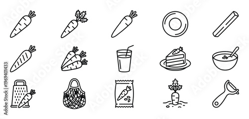Collection of black outline carrot-themed icons, including whole carrots, juice, cake, soup, seeds, and tools, presented in a clean, minimalist style