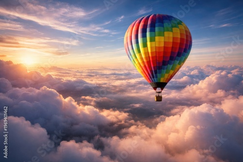 Colorful hot air balloon floating high above cloud layers