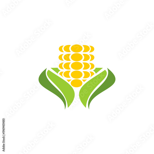 A vibrant and symmetrical minimalist logo in golden yellow and bright green, depicting an ear of corn.