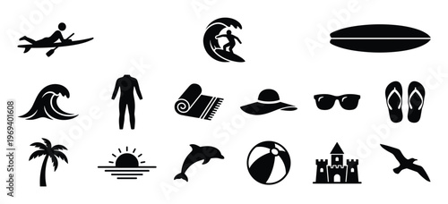 Collection of black silhouette beach and summer icons including a surfer, palm tree, and sandcastle, presented with clear detail