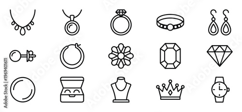 Collection of various jewelry and accessory outline icons, including necklaces, rings, earrings, gems, and a watch, presented in a clean, graphic style