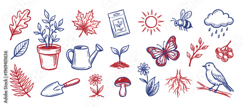 Various hand-drawn nature and gardening elements, including leaves, plants, tools, insects, and weather icons, in a red and blue sketch style